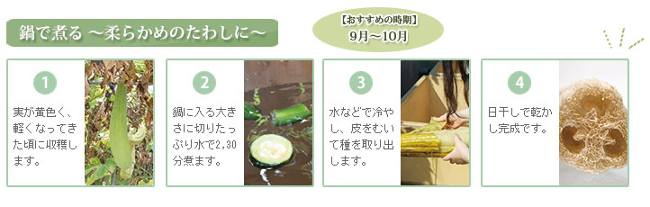 鍋で煮ると柔らかめのたわしに