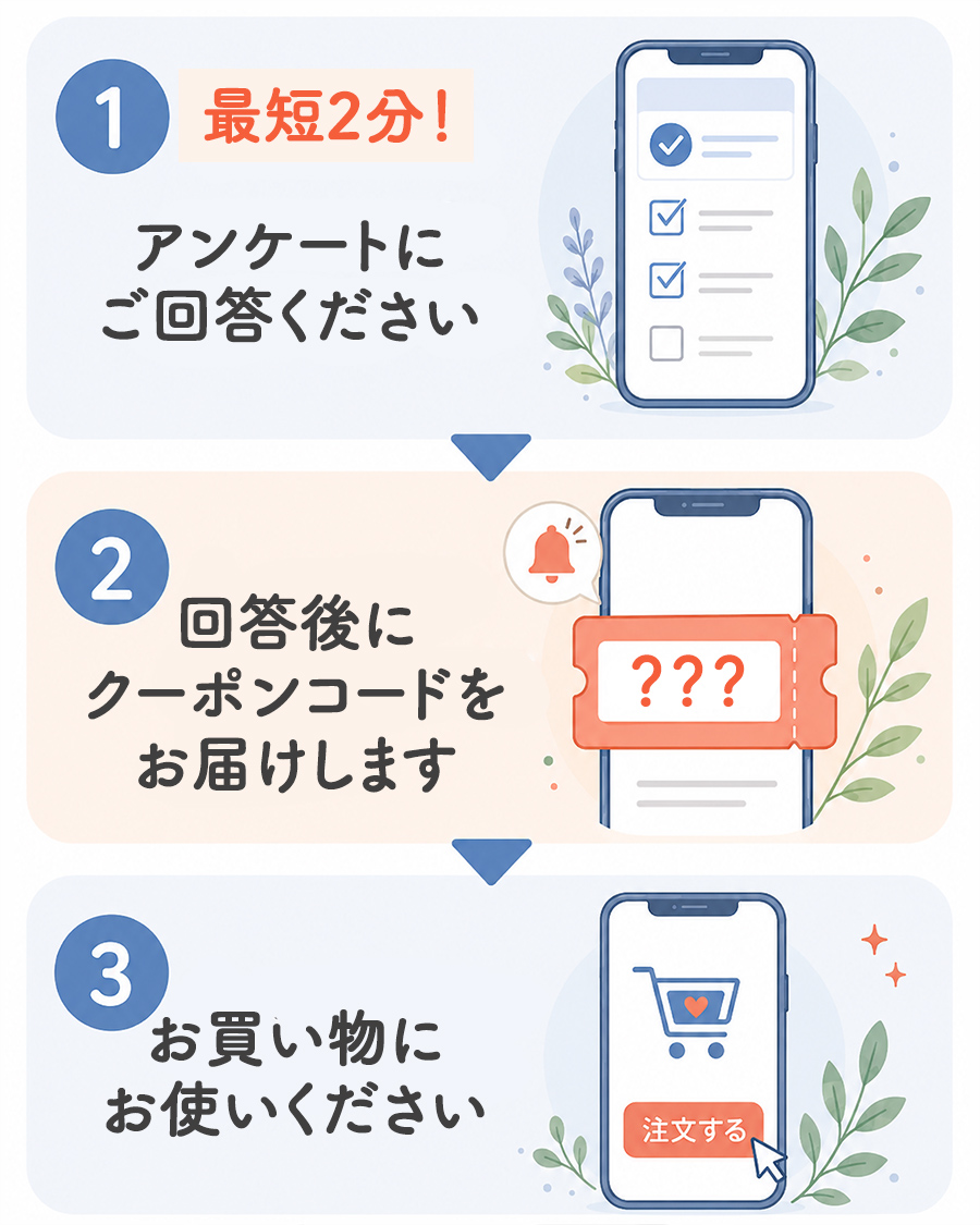 アンケートご回答後にクーポンコードをお届けしますのでお買い物にお使いください